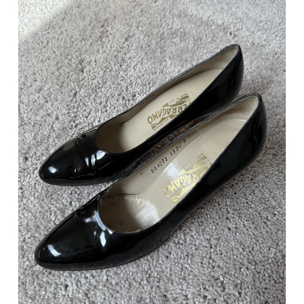 Salvatore Ferragamo Black Patent Leather Heels Size 8 Almond Toe Slip On